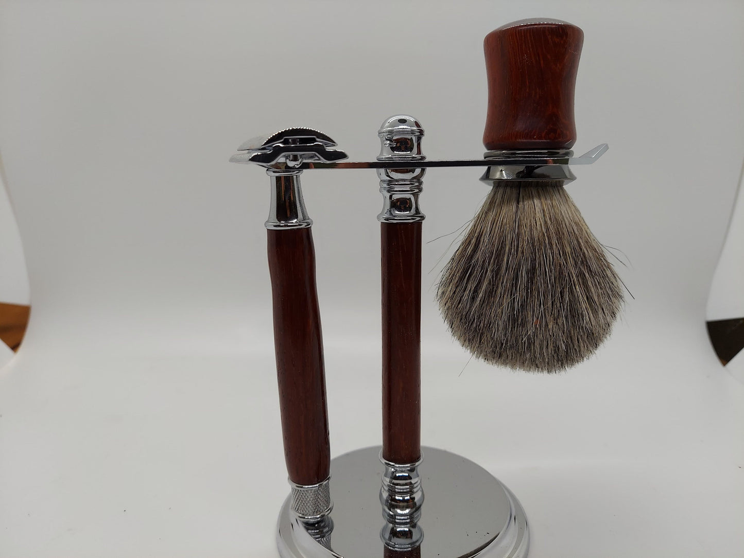 Double Edge Safety razor set with stand, brush, and razor made from Bloodwood