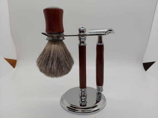Double Edge Safety razor set with stand, brush, and razor made from Bloodwood
