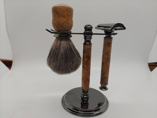 Double Edge Safety razor set with stand, brush, and razor made from Exhibition Grade Maple Burl