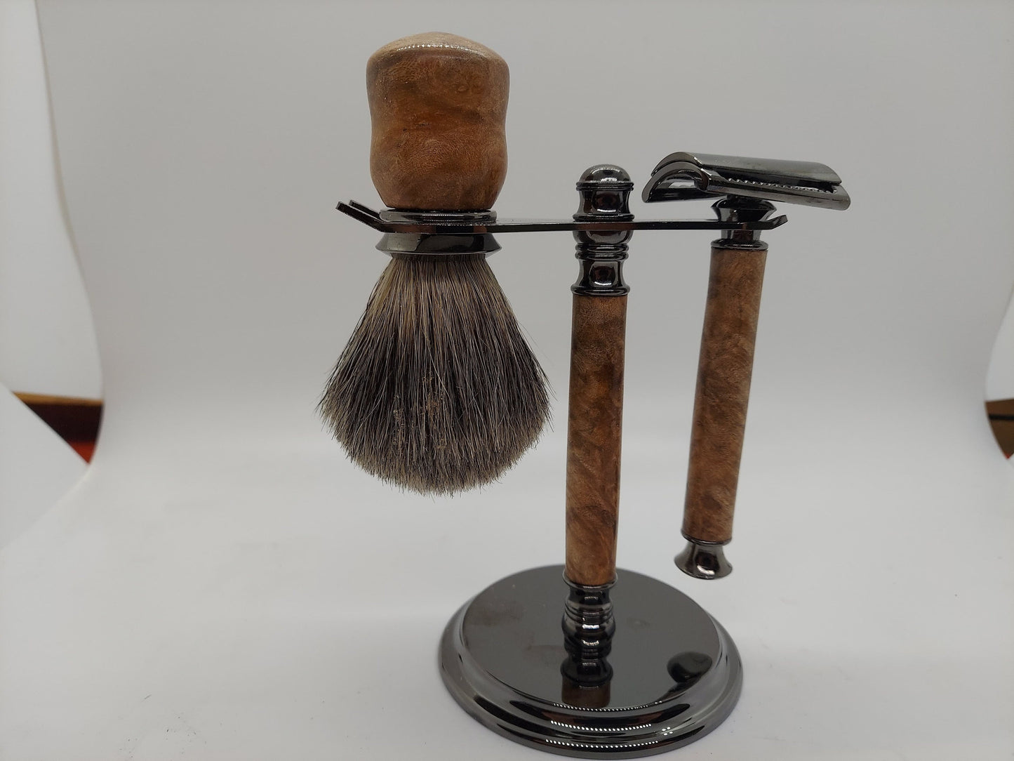 Double Edge Safety razor set with stand, brush, and razor made from Exhibition Grade Maple Burl