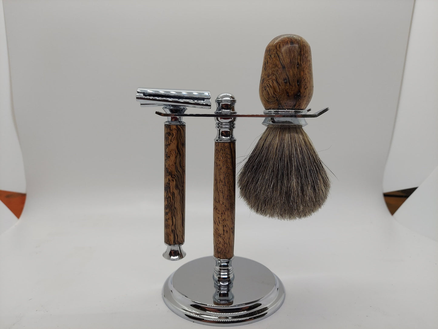 Double Edge Safety razor set with stand, brush, and razor made from highly figured Mango Wood