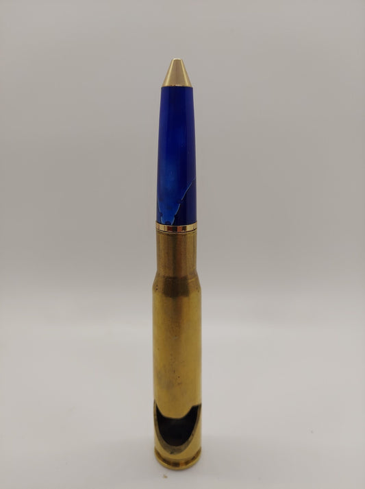 50 caliber bottle opener and twist bullet pen made from blue acrylic