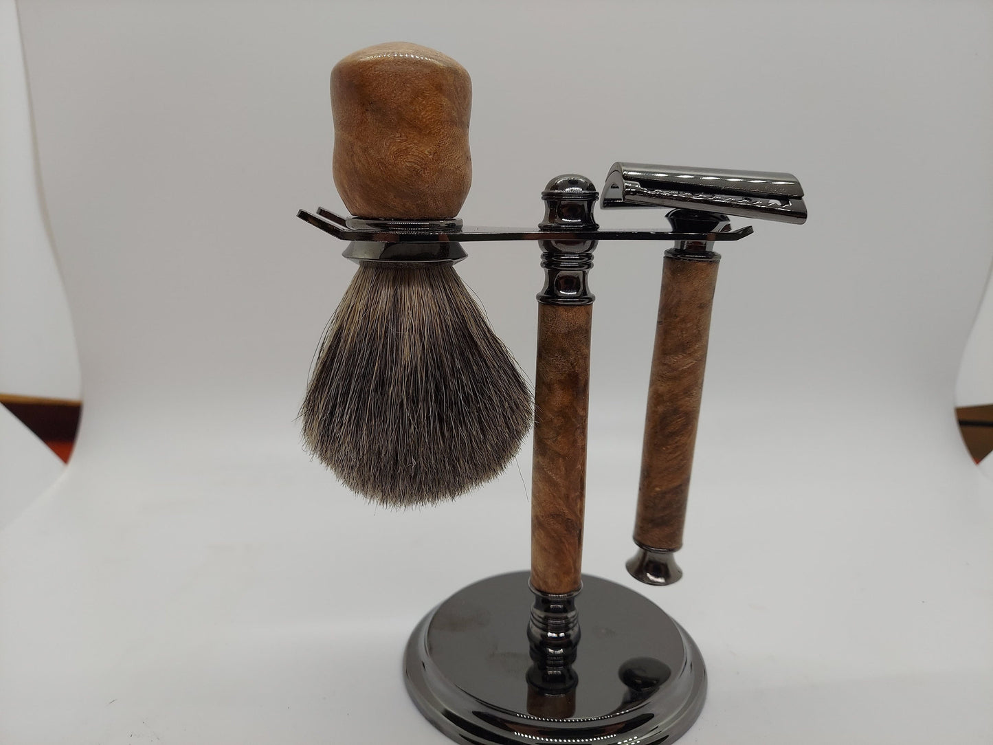 Double Edge Safety razor set with stand, brush, and razor made from Exhibition Grade Maple Burl