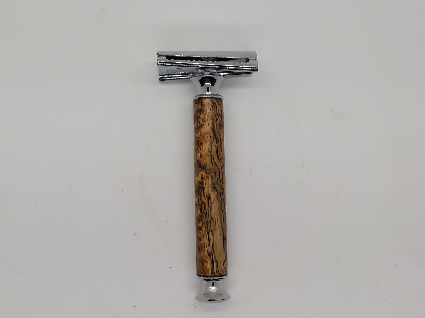 Double Edge Safety razor set with stand, brush, and razor made from highly figured Mango Wood