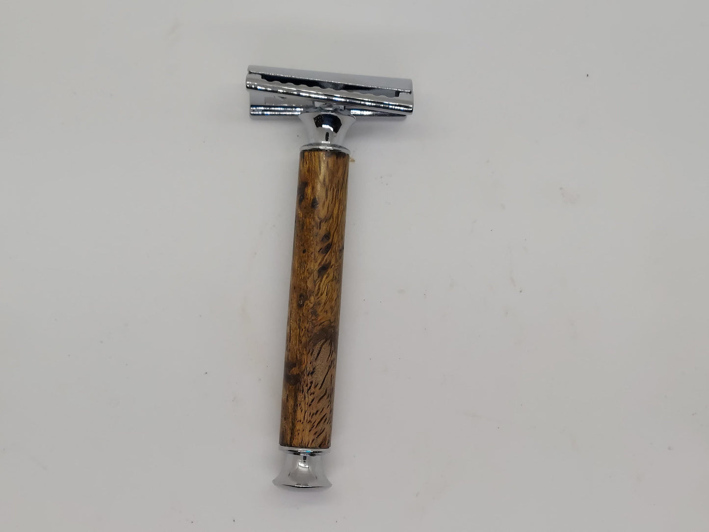 Double Edge Safety razor set with stand, brush, and razor made from highly figured Mango Wood