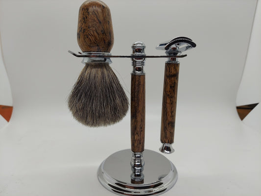 Double Edge Safety razor set with stand, brush, and razor made from highly figured Mango Wood